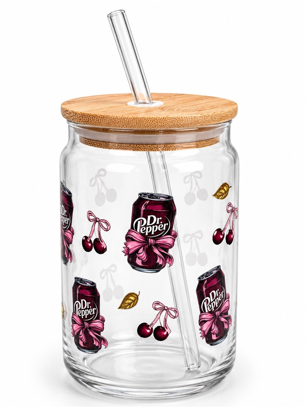 Dr Pepper Cherry Glass Canister with Bamboo Lid - Clear & Pink